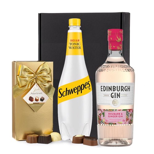 Edinburgh Rhubarb & Ginger Gin 70cl with Schweppes Tonic & Chocolates Gift Box | Spirit Mixer Set